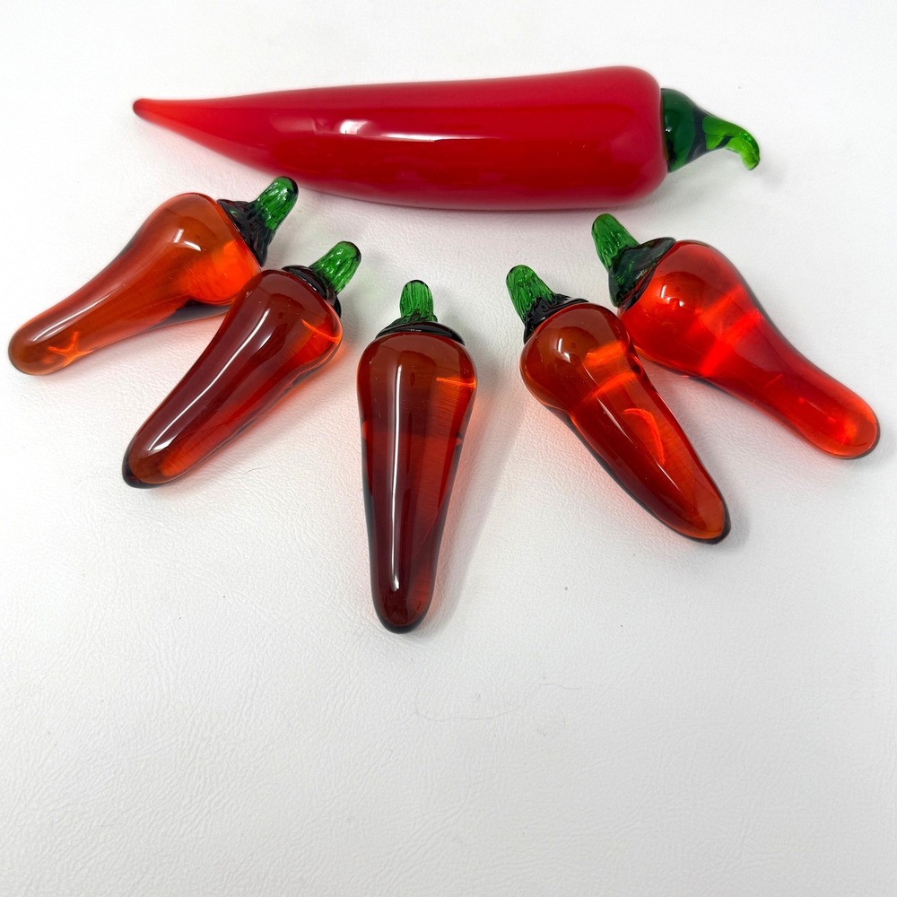 Blown Glass Red Chili Peppers Set 6‎ Murano Style Art Glass Decor 3 inch 7 inch